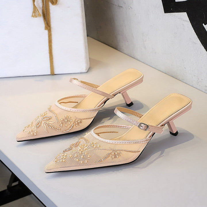 Lace Mesh Stiletto Heel Pointed Toe Semi Slippers Women Floral Embroidery Sexy Hollow Out Cutout out Strap Slippers