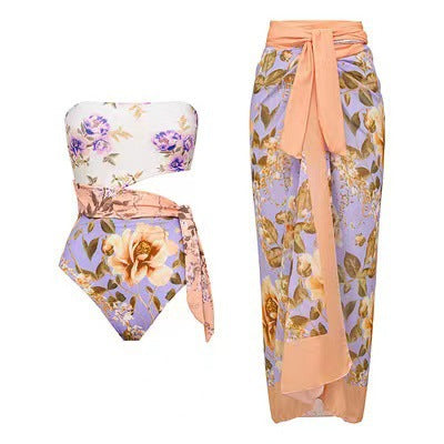 Printed One Piece Swimsuit Tube Top Sexy Beach Spring Skirt Two Piece Set