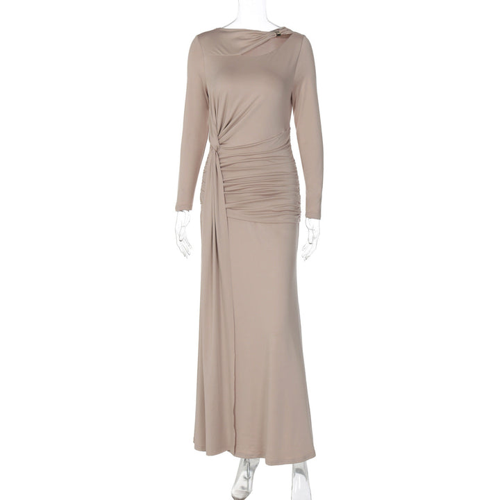 French Women Clothing Autumn Slim Pleated Waist Tight Irregular Asymmetric Long Sleeve Dress