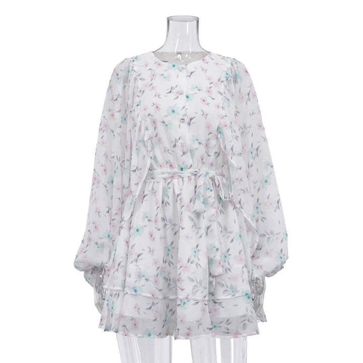 Dress Women Summer Round Neck Puff Sleeve Single Breasted Lace up A line Dress Floral Dress