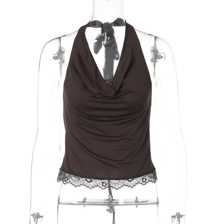 Lace Stitching Swing Collar Halterneck Vest Women Winter Sexy Inner Wear Outer Wear Slim Fit Tied Top Women