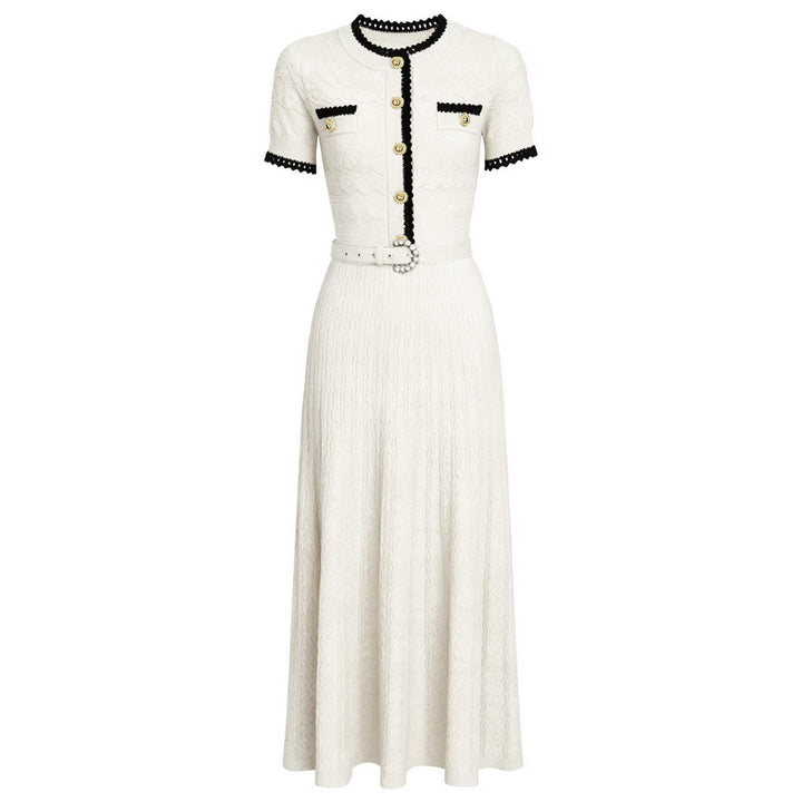 Summer Ladies Internet Popular Slim Fitting Figure Flattering Belt Short Sleeve Long Pattern Dress Women