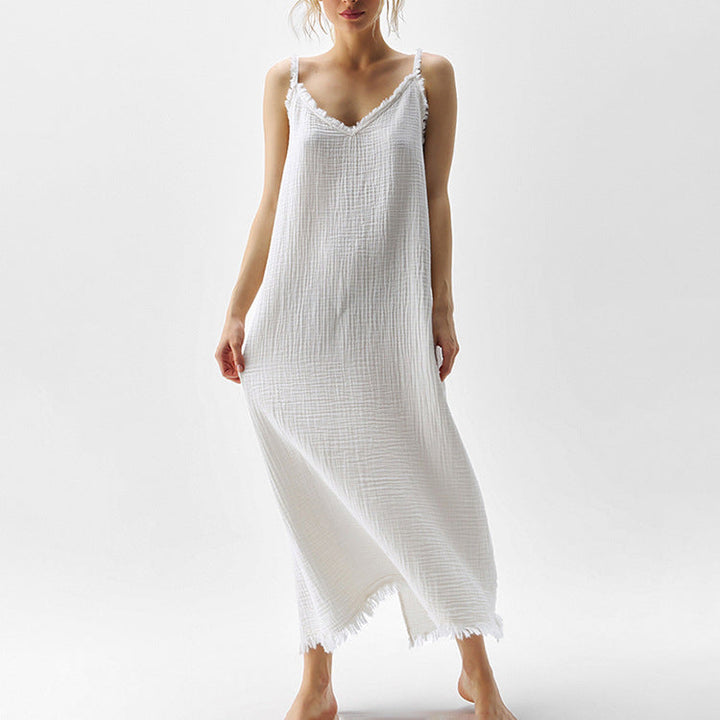 Women Clothing Fashionable Simple Casual Suspender Cotton Champray White V Collar Split Dress
