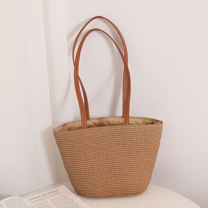Striped Shoulder Straw Bag Woven Bag Summer Large Capacity Casual All Match Women Seaside Beach Rattan Woven Bag