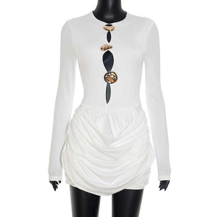 Women Autumn Winter Design Luxury Decorative Pleated Hollow Out Cutout Mini Sheath Dress