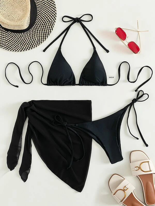 Solid Color Triangle Cup Bandage Sexy Bikini Three Piece Swimsuit
