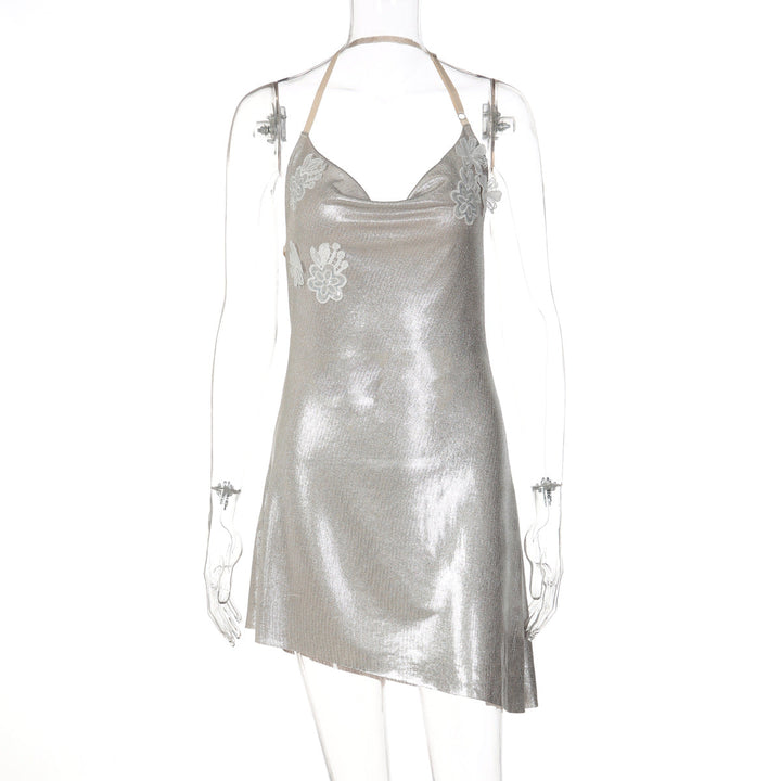 Spring Women Clothing Halter Swing Collar Sexy Backless Bronzing Slim Dress