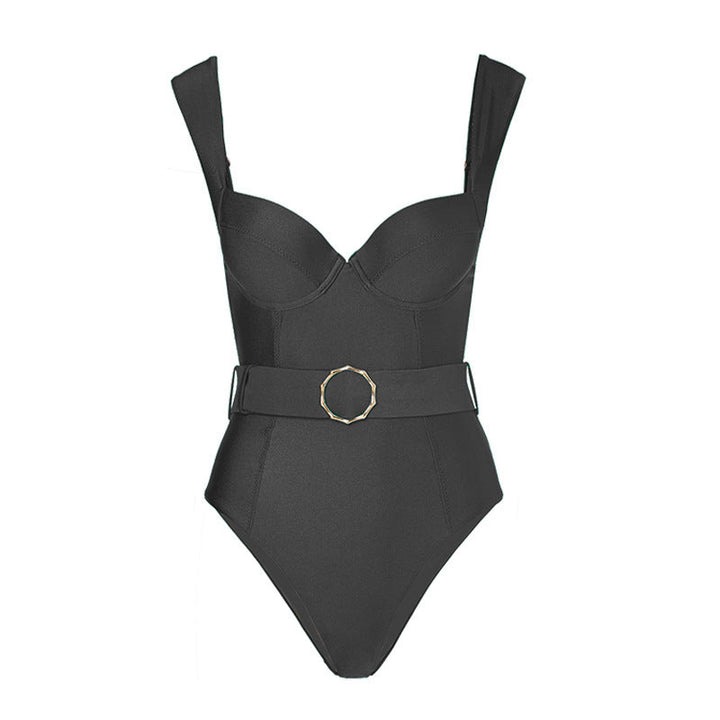 Solid Color One Piece Women Swimwear French Retro Cover Belly Slimming Swimsuit