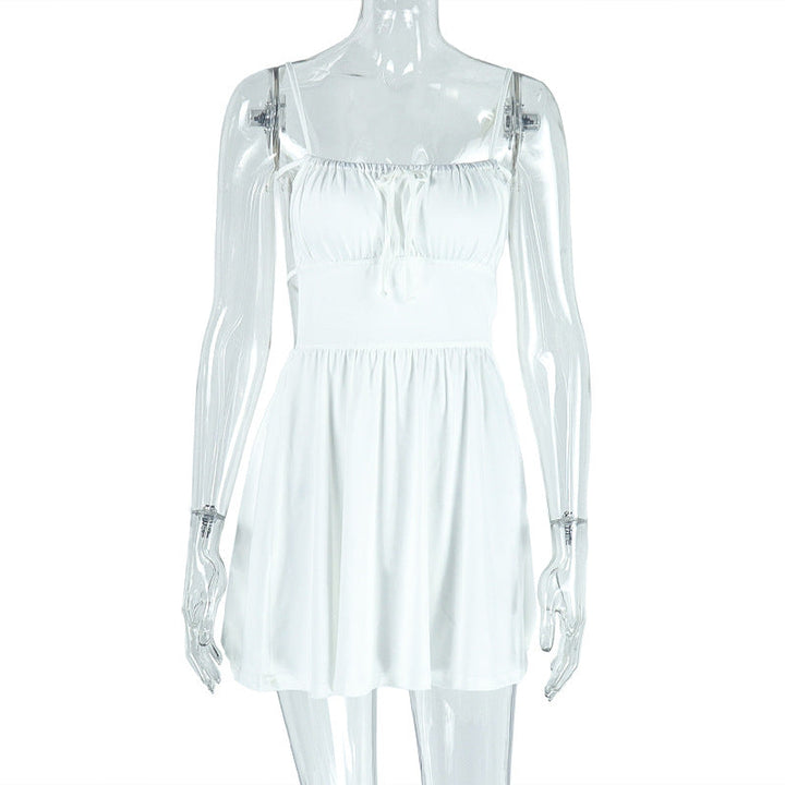 Simple Women Pleated Solid Color A line Dress Backless Lace up Boat Neck Short Dress