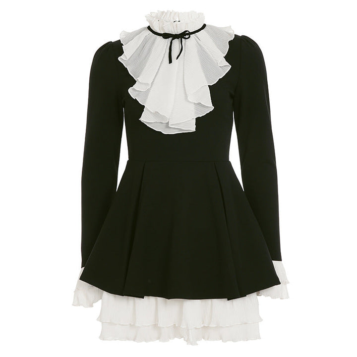 Elegant Hepburn Wind Black Velvet Dress Women Self Tie Lace Faux Two Piece Dress