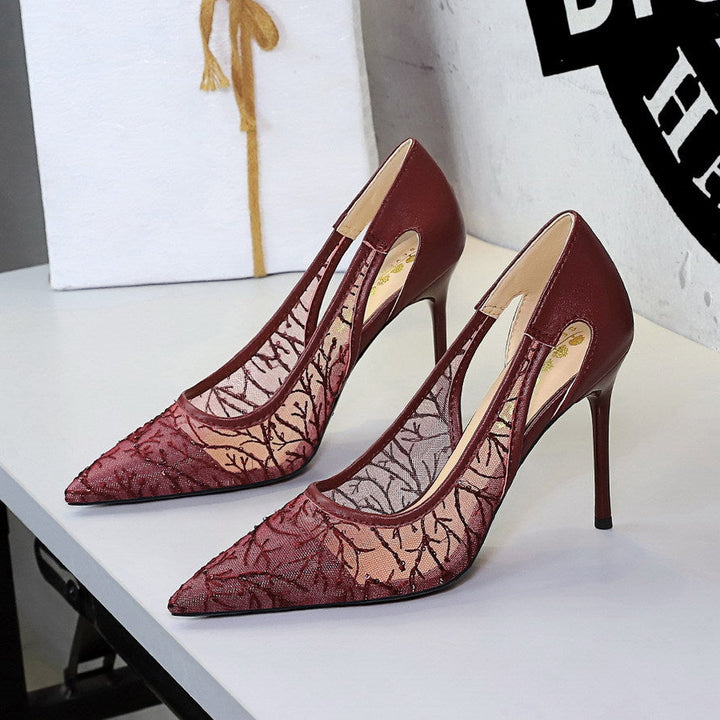 Design Hollow Out Cutout Lace Mesh Super High Heel Women Shoes Slip on Cocktail Pointed Toe Pumps Women Shoes