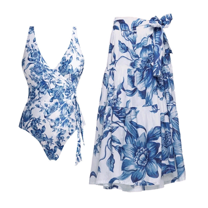 Swimsuit Blue Color Floral Vacation Swimsuit Women Long Skirt