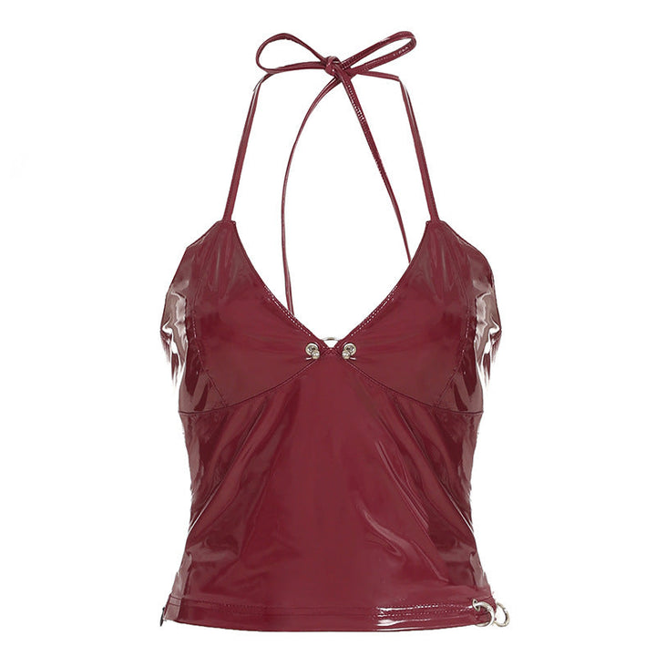 Wine Red Retro Sexy Faux Leather Camisole Top Personality Street Backless Halter Lace up Zip Vest