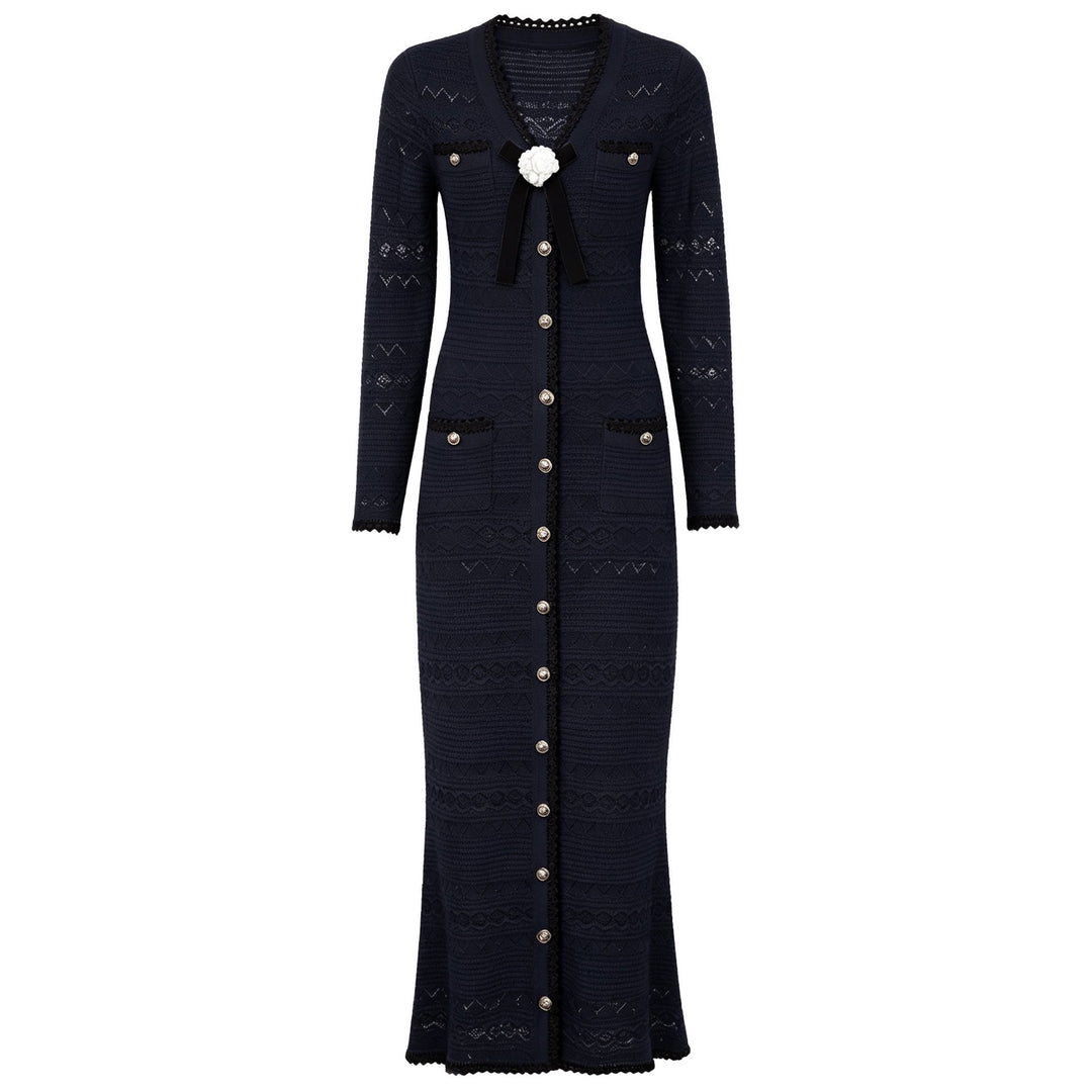 Spring Autumn Fashionable Knitted V neck Floral Slim Fit Slimming Long Sleeves Dress Women