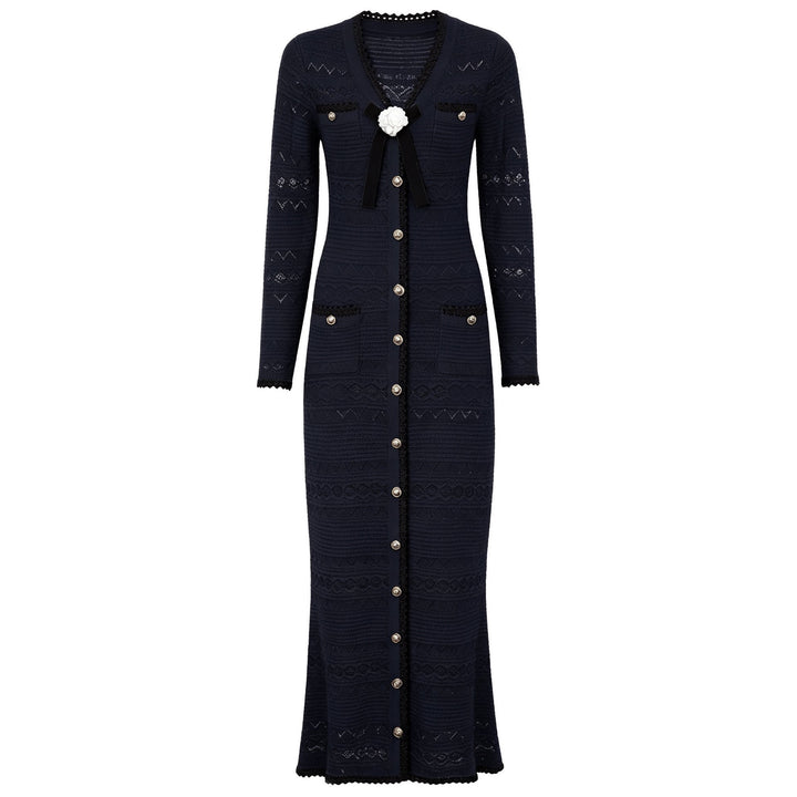 Spring Autumn Fashionable Knitted V neck Floral Slim Fit Slimming Long Sleeves Dress Women