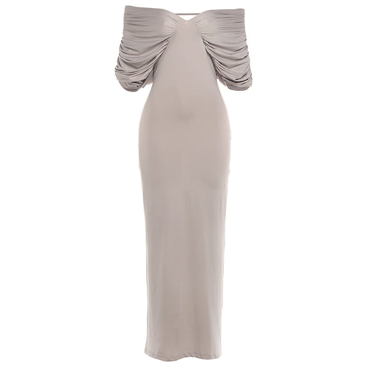 Spring Women Clothing Sexy off Neck Sleeve Slim Solid Color Maxi Dress Women
