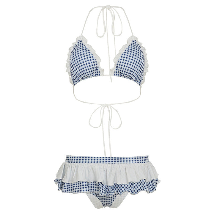 Girl Cute Printed Plaid Banded Bikini Summer Ruffles Sexy Split Swimsuit Two Piece Sets Women