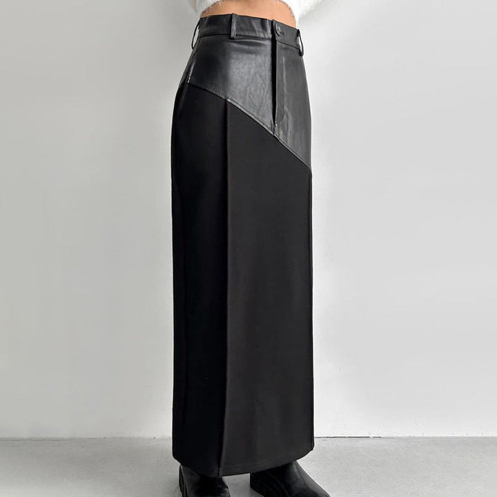 Women Clothing Retro Faux Leather Stitching Design Half Length Skirt Women Wild High Waist Slit Hip Skirt
