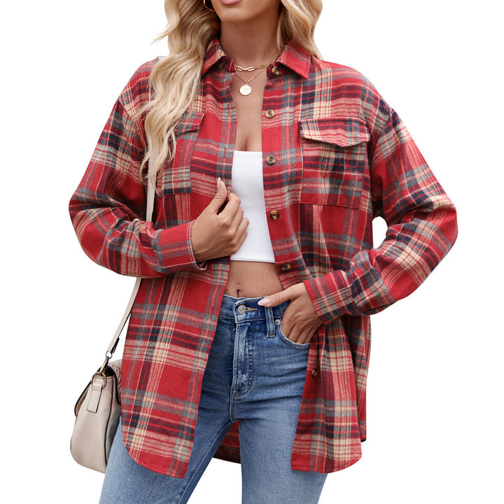 Autumn Winter Women Clothing Casual Loose Plaid Pocket Shirt for Women
