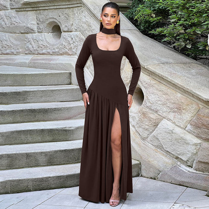 Women Clothing Autumn Sexy Contrast Color U Collar Solid Color Split Long Sleeve Dress