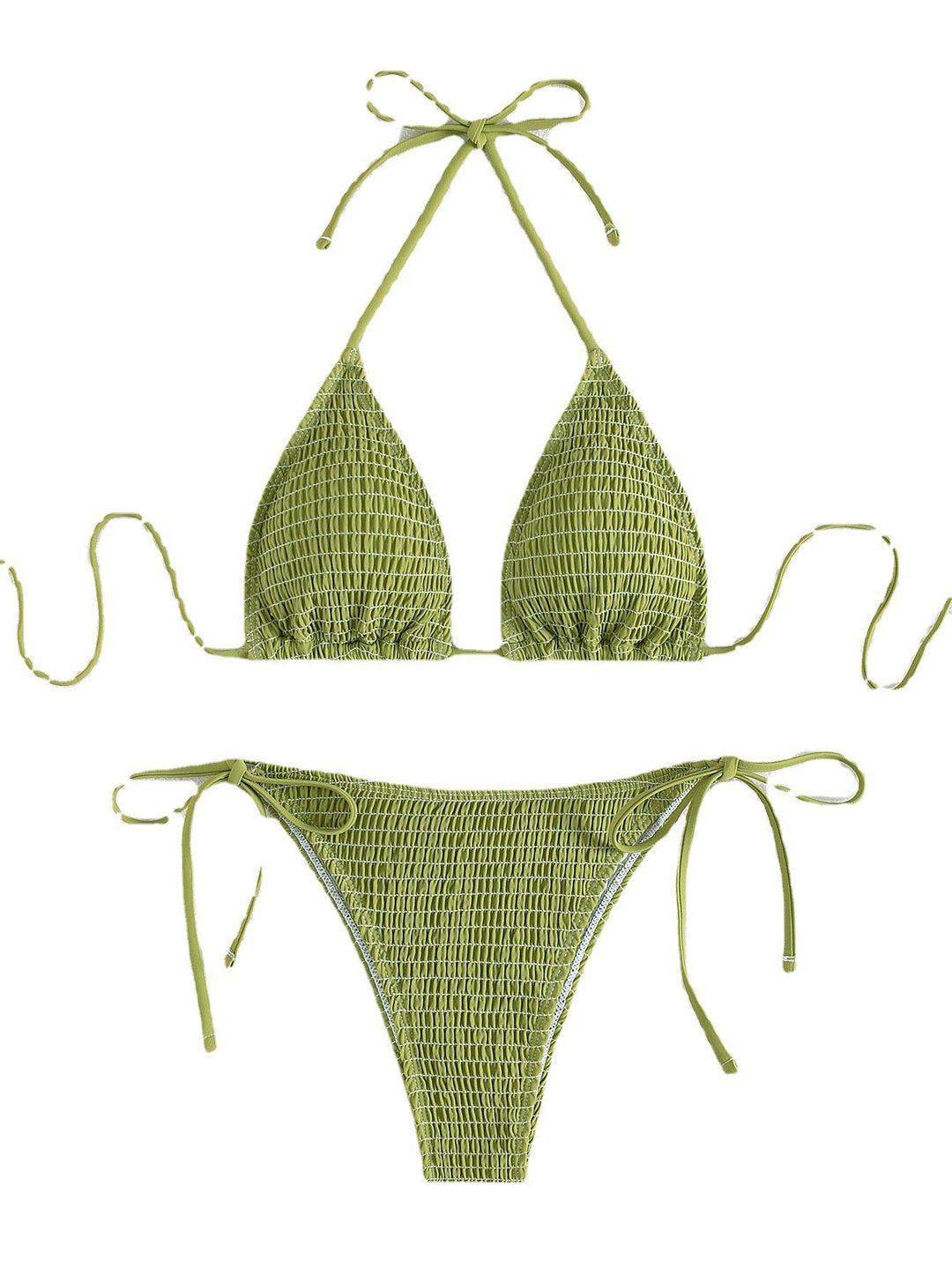 Solid Color Sexy Pleating Triangle Lace Up Side Beach Swimsuit Bikini