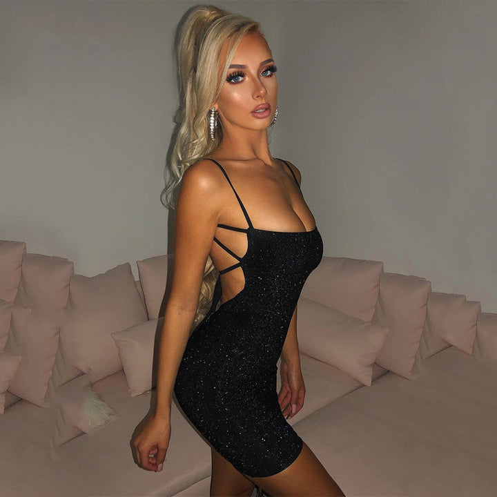 Summer Solid Color Shiner Sexy Suspenders Nightclub Backless Hip Dress Gold Silk Women