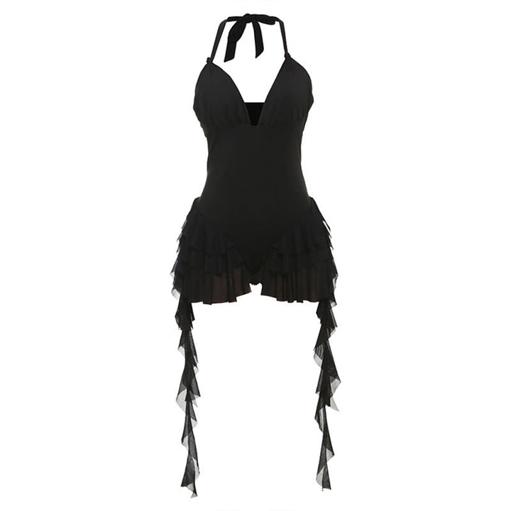 Summer Sexy Sexy Deep V Plunge neck Halter Backless Wooden Ear Solid Color Jumpsuit