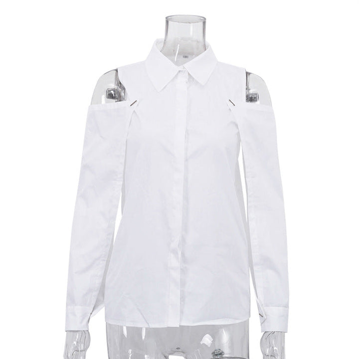 Women Clothing Design Detachable Long Sleeve White Blouse Spring Autumn Cotton Collared off Shoulder Shirt