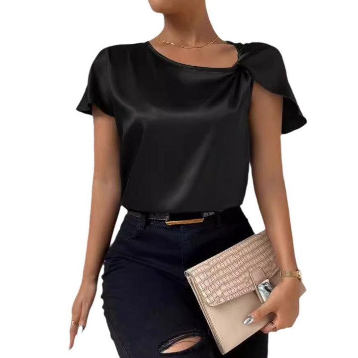 Supply Summer Satin Short Sleeve Satin Twisted Solid Color Loose Fitting Top Women