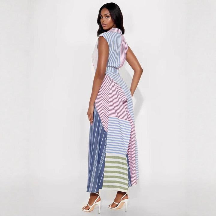 Women Clothes Cool Contrast Color Patchwork Stripes V neck Dress Irregular Asymmetric Cinched A line Dress