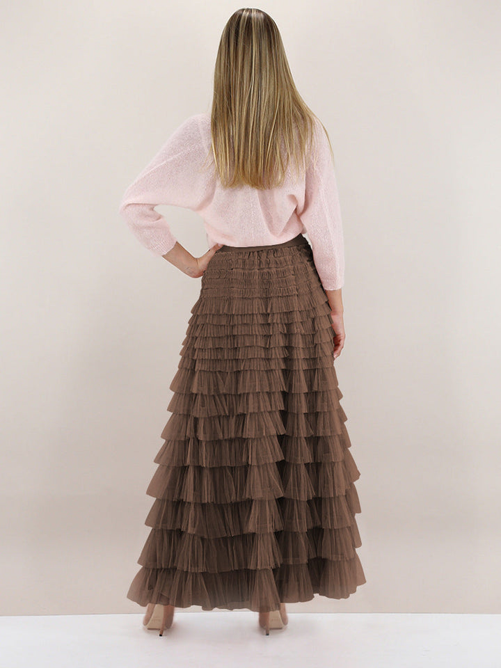 【MOQ-5 packs】 Skirt Women Autumn Elegant Solid Color High Waist Mesh A line Dress Puffy French Dress
