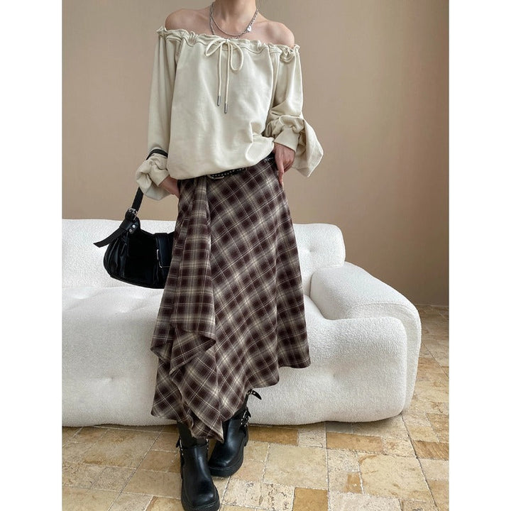 Retro British Tone Irregular Asymmetric Contrast Color Check High Waist A line Slimming Skirt