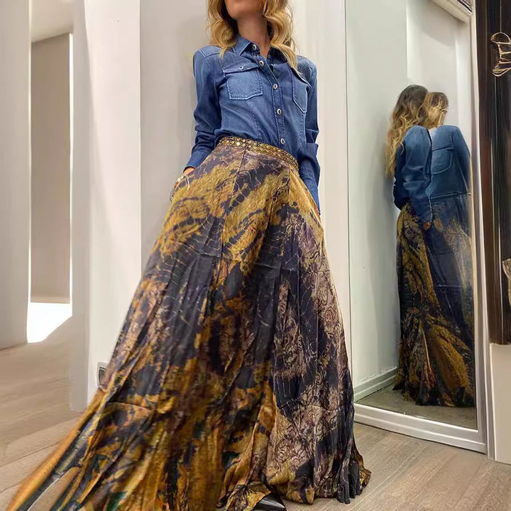 Women Autumn Retro Printed Elastic Waist Long Skirt