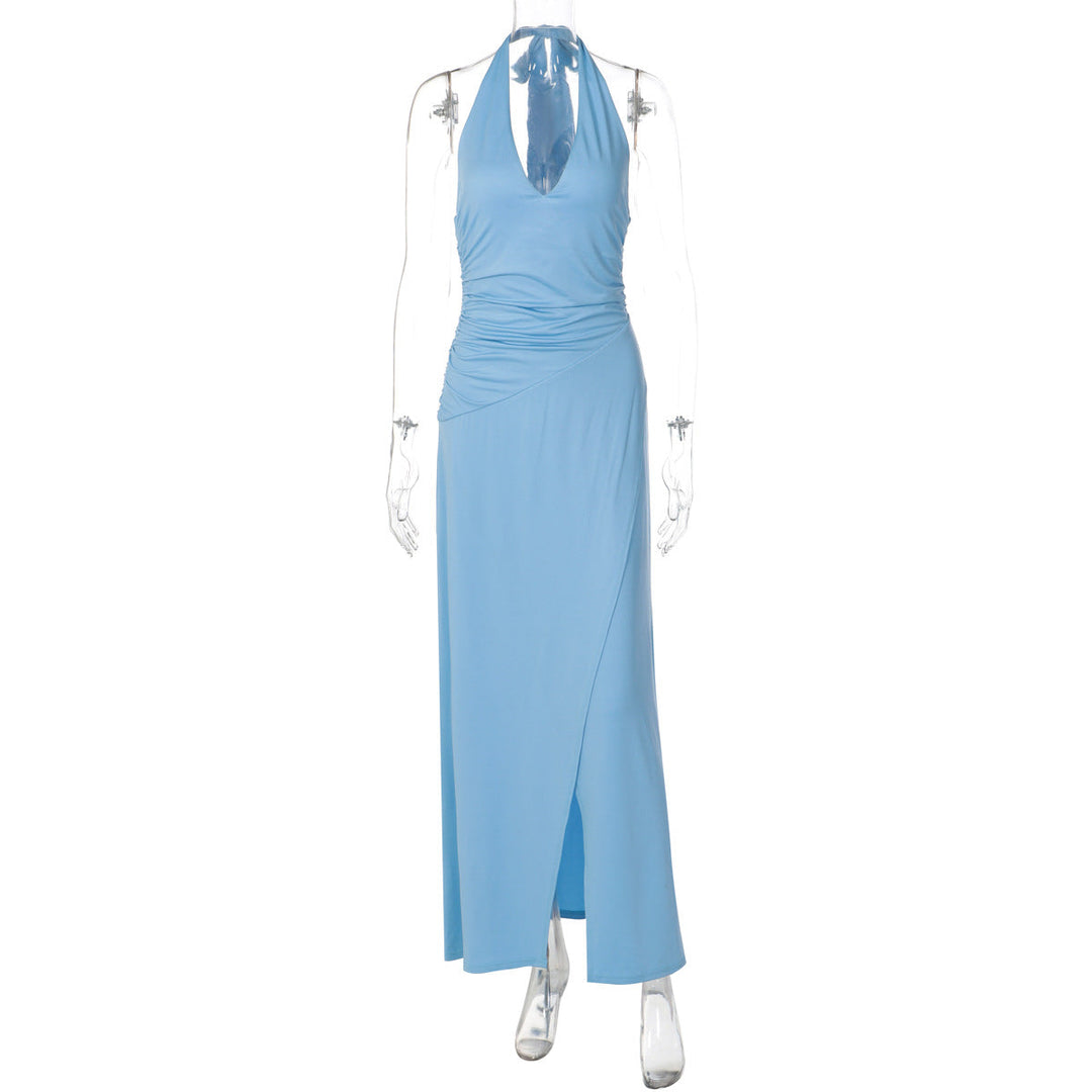 Women Clothing Sexy V neck Solid Color Sleeveless Halter Lace-up Backless Pleated Waist Tight Slimming Slit Dress