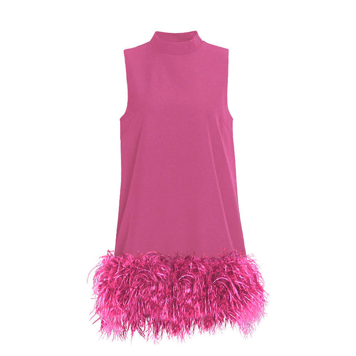 Australian Brand Design Short Autumn Stand Collar Sleeveless Solid Color Stitching Hem Feather Dress