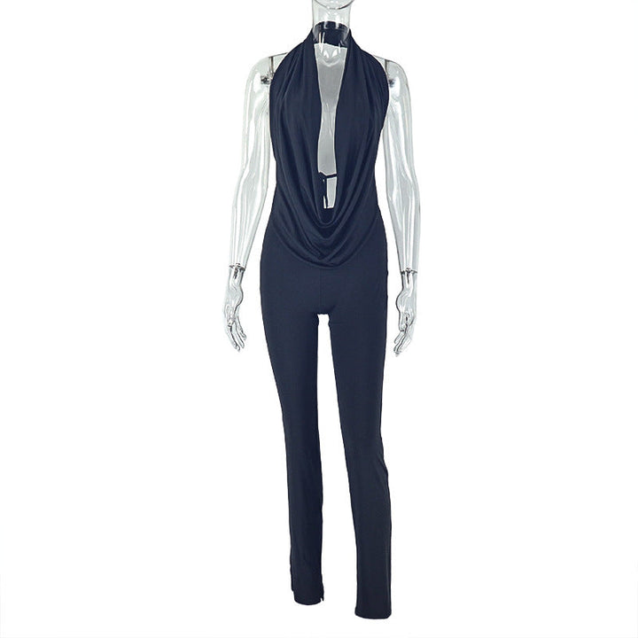 Halter Swing Collar Solid Color Commuting Pants Set Backless Lace up Top Tight Trousers Two Piece Set