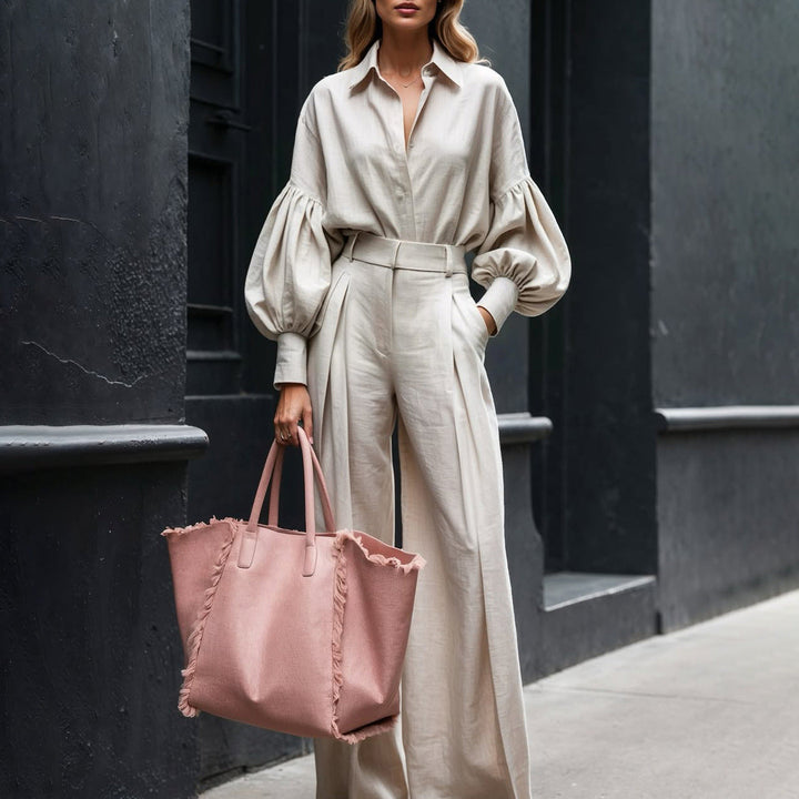 Autumn Solid Color Long Sleeved Shirt Wide Leg Pants Cotton Linen Two Piece Sets