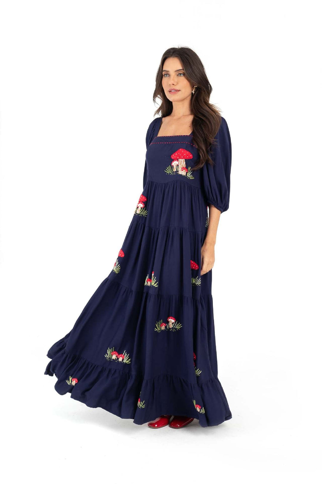 Autumn Puff Sleeve Embroidered Square Collar Swing Maxi Dress Beach Holiday Dress Women