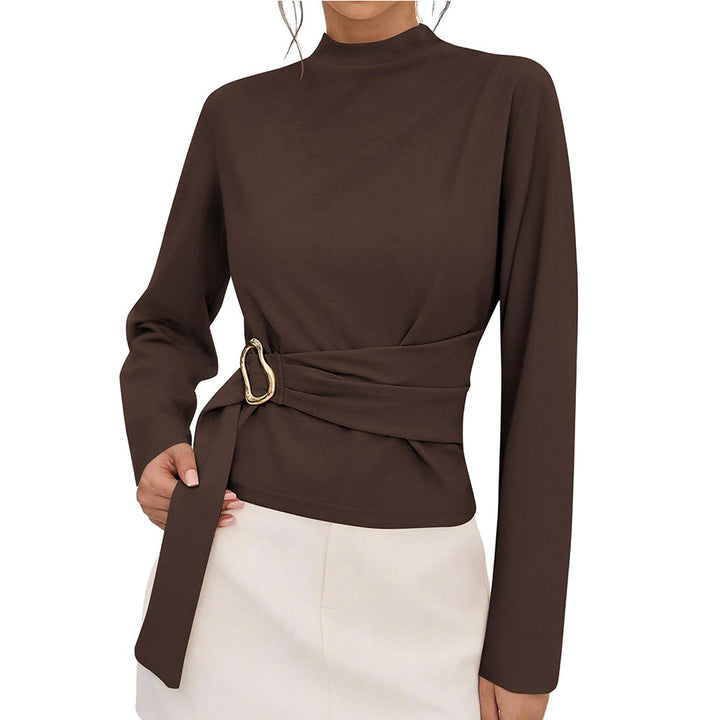 Women Office Solid Color Long Sleeve Belt Buckle Decorative Top