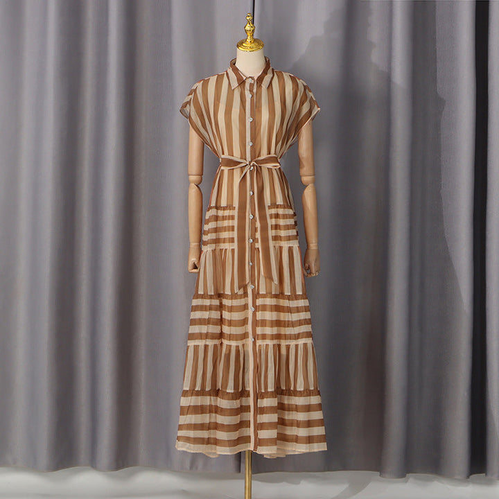 Vintage Vertical Striped Shirt Dress Polo Collar Single Breasted Lace up Waist Dress