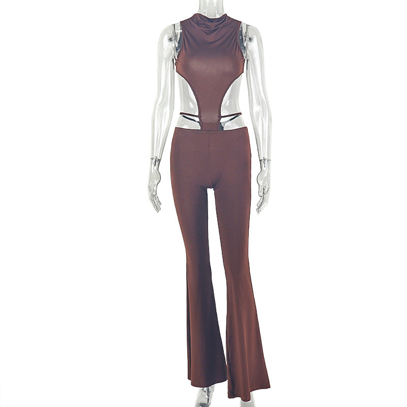 Women Clothing Solid Color Hip Wrapped Jumpsuit High Collar Sleeveless Low Waist Backless Long Jumpsuit