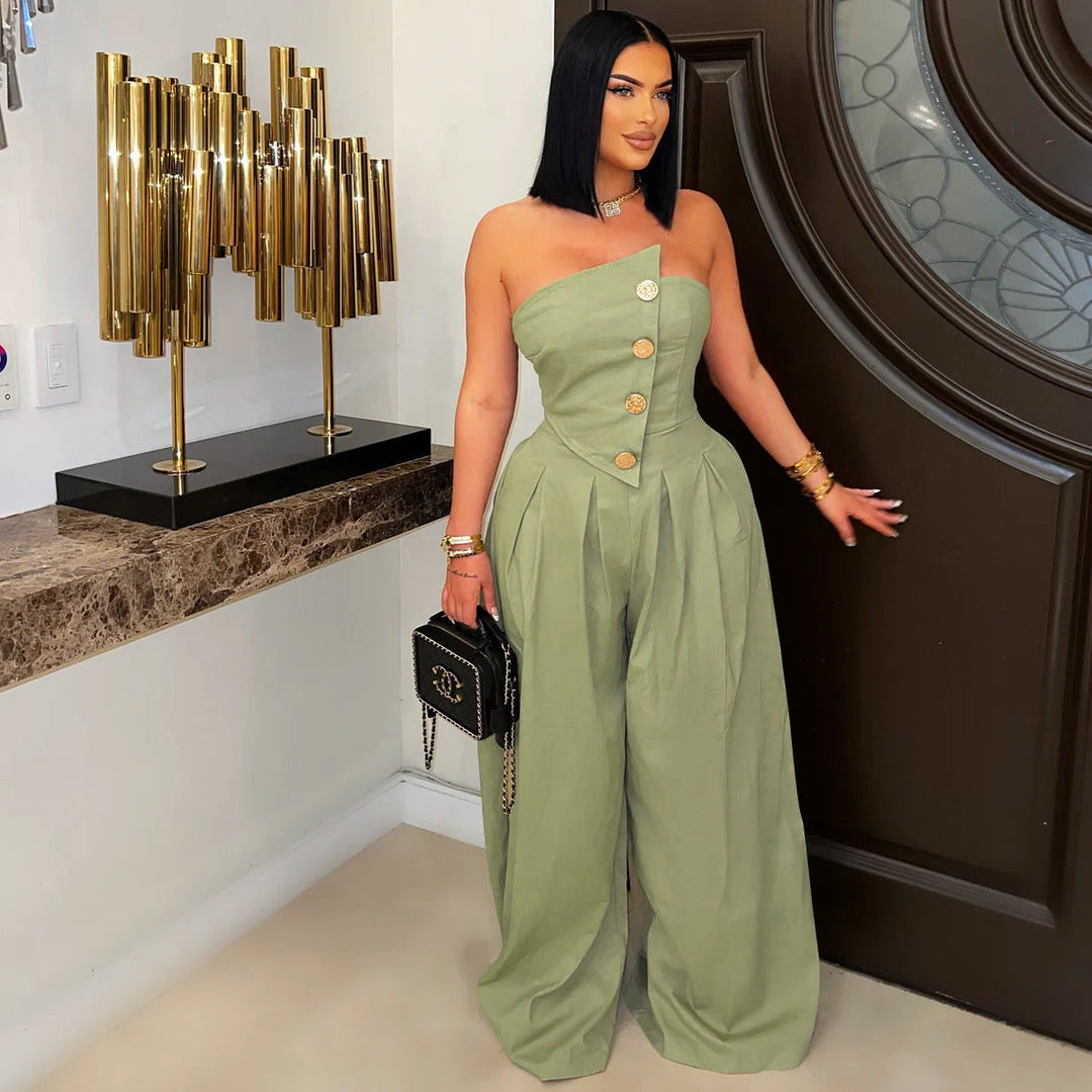 Women Wear Sexy Tube Top Sleeveless Metal Button Wide Leg Jumpsuit