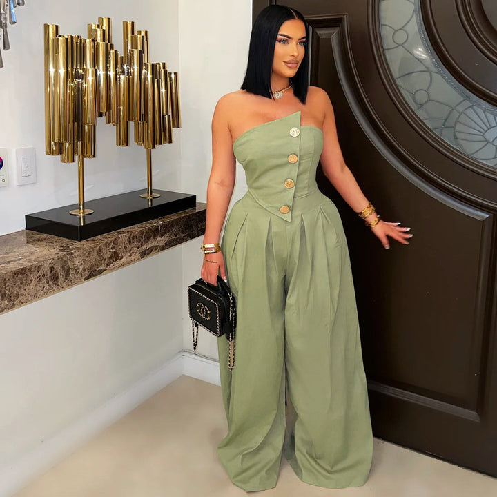 Women Wear Sexy Tube Top Sleeveless Metal Button Wide Leg Jumpsuit