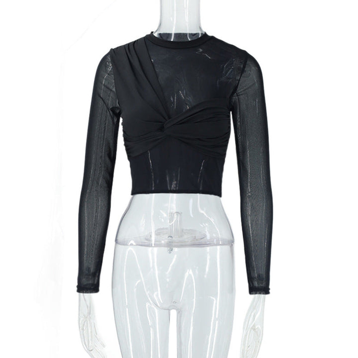 Women Clothing Sexy round Neck Sheer Mesh Long Sleeve Stitching Niche Girls Cropped Top