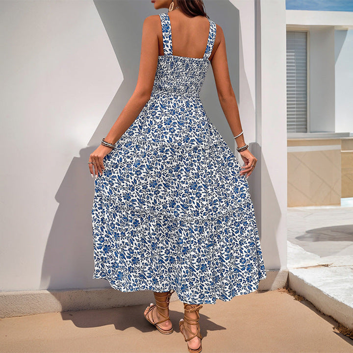 Summer Printed Suspender Sweet Floral Backless Dress
