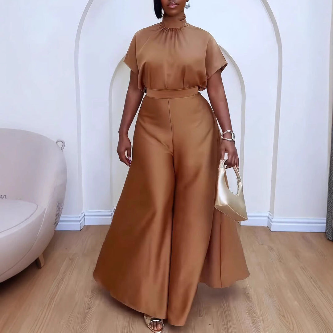 Satin Silky Strap Flounced Sleeve Wide Leg Two Piece Sets