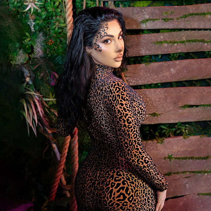 Summer Women Sexy Leopard Print High Waist Figure Flattering Sheath Long Sleeve Jumpsuit