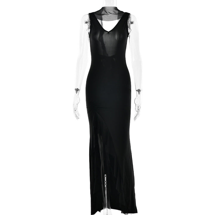Summer Elegant Ribbon Women Dress Sexy Backless High Slit Ruffled Slim Dress