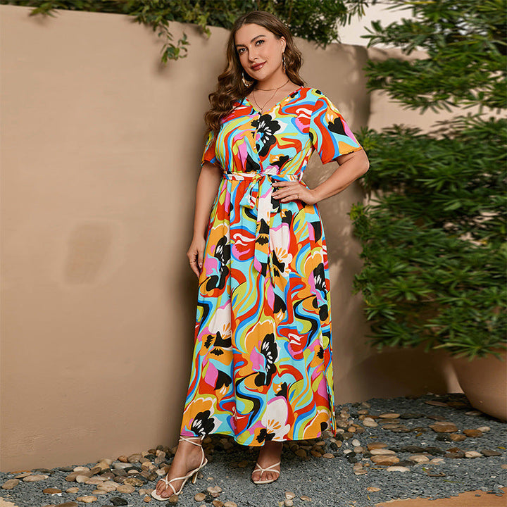 Plus Size Dress Summer Art Painted Floral Elastic Waist Short Sleeve Dress
