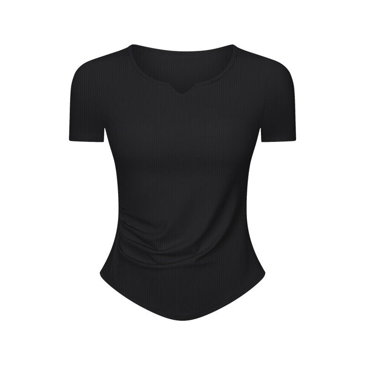 Stripe Rib Pleated Small V neck Sports Short Sleeve Women Fitness Running Slim Slimming Yoga Jacket